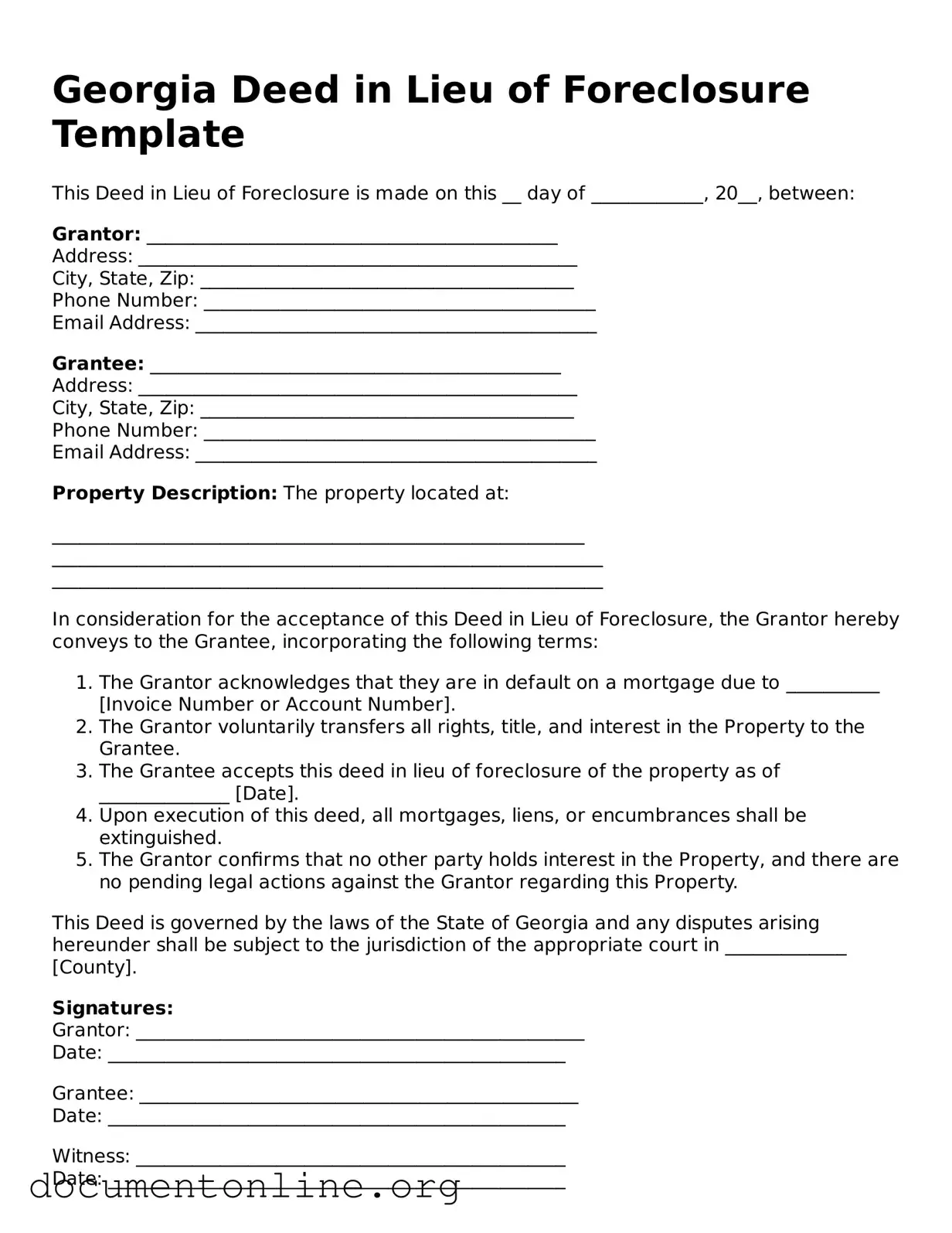 Free Deed in Lieu of Foreclosure Form for Georgia State