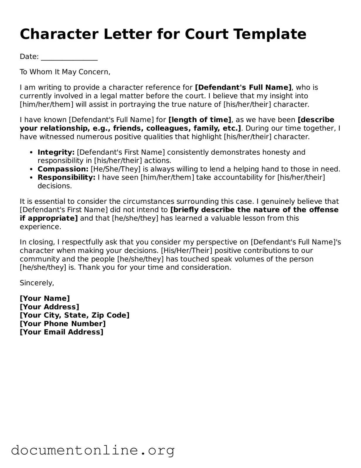 Free Character Letter for Court Form