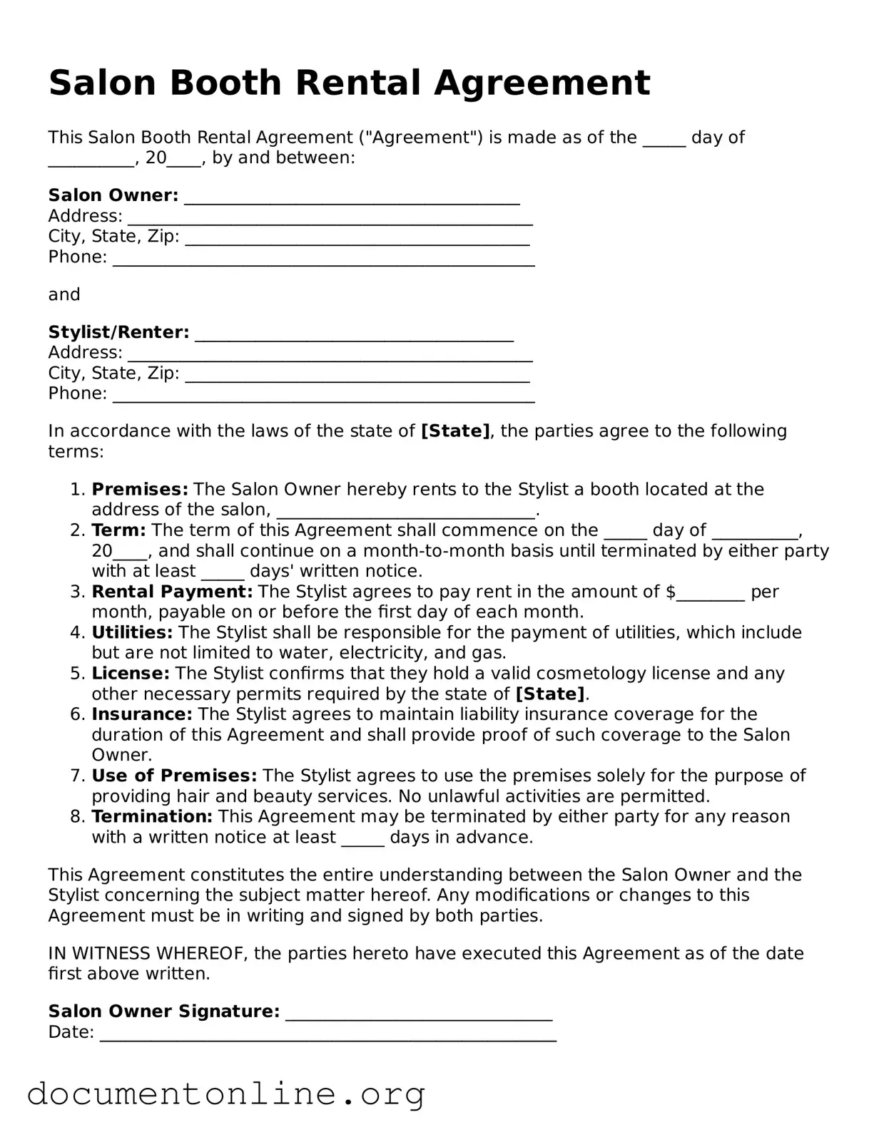 Free Salon Booth Rental Agreement Form