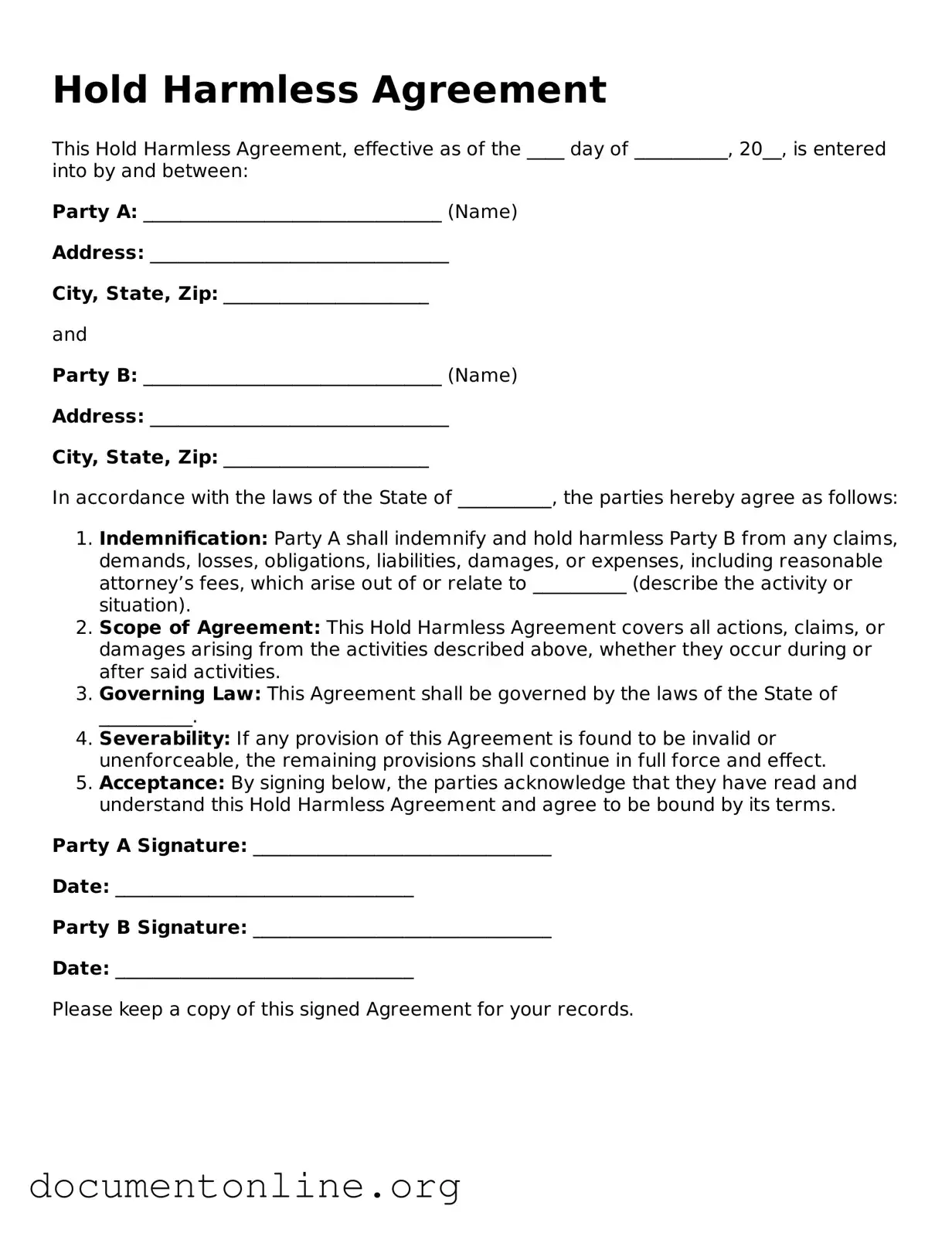 Free Hold Harmless Agreement Form