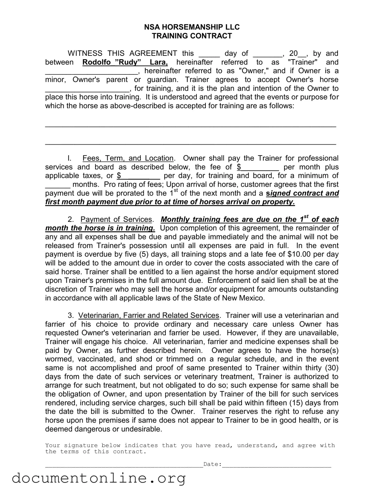 Free Horse Training Contract Template