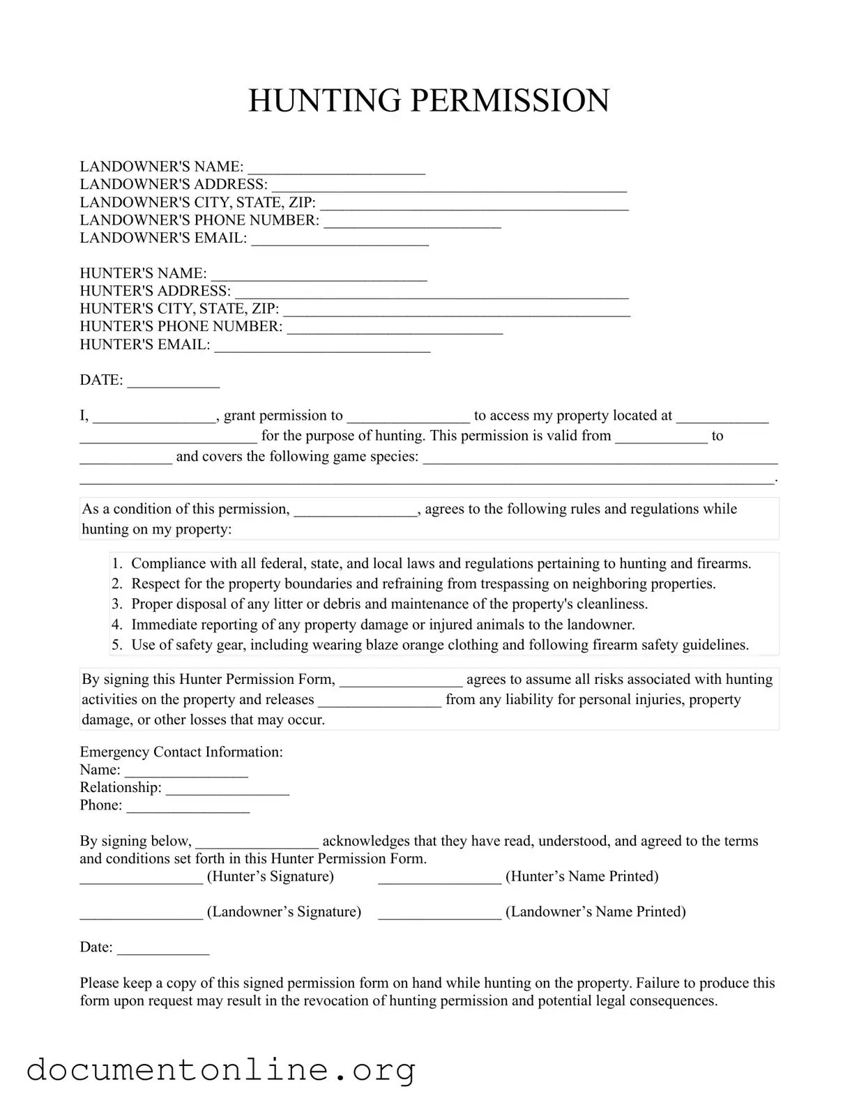 Free Hunter Permission Template