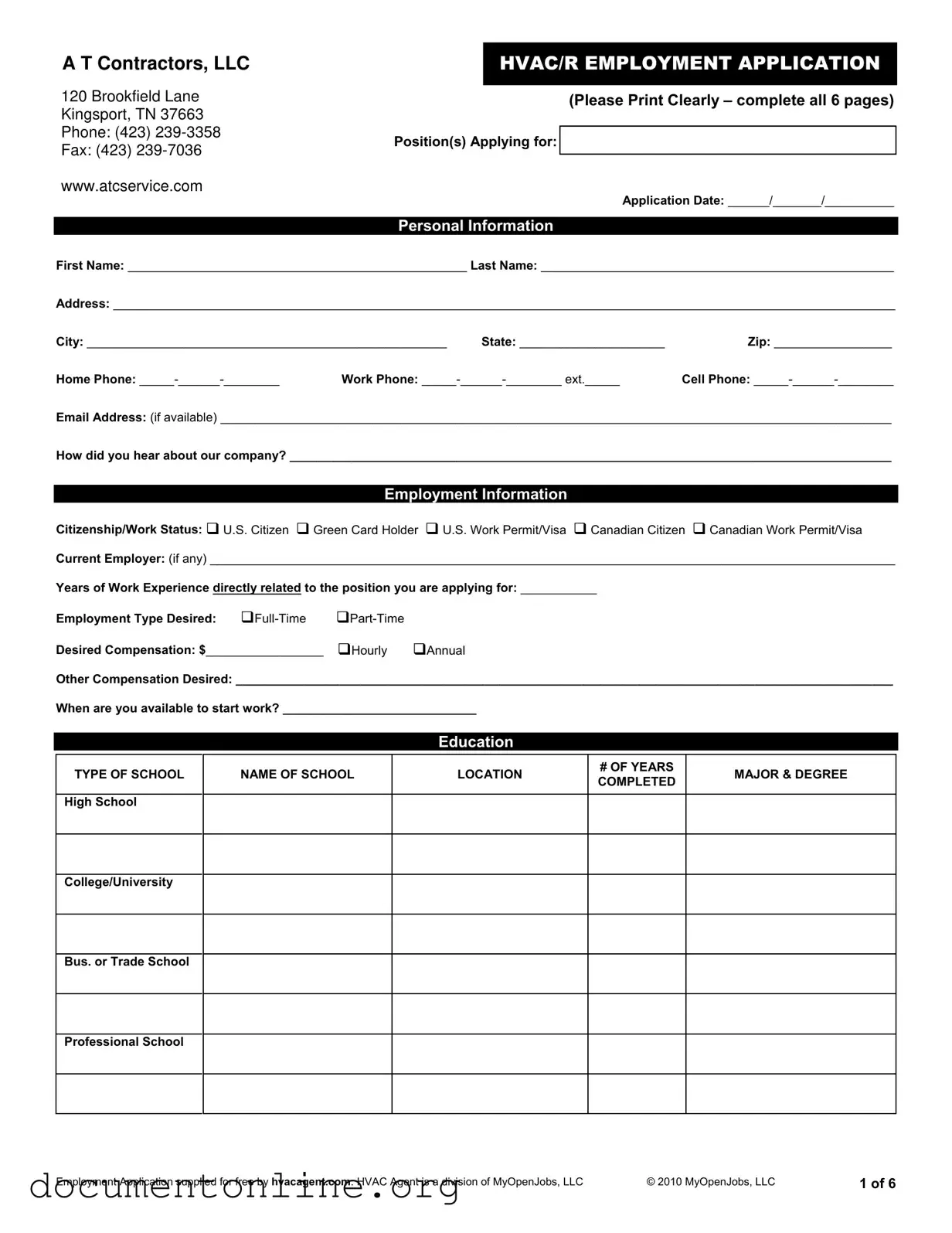 Free Hvac Job Application Template