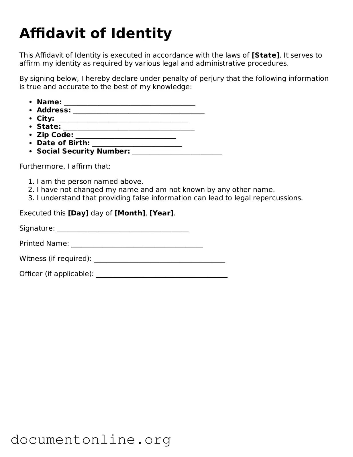 Free Affidavit of Identity Form