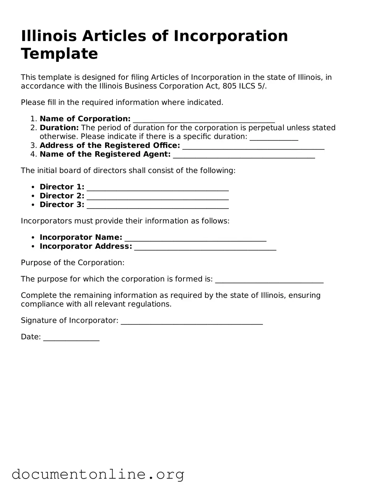 Free Articles of Incorporation Form for Illinois State