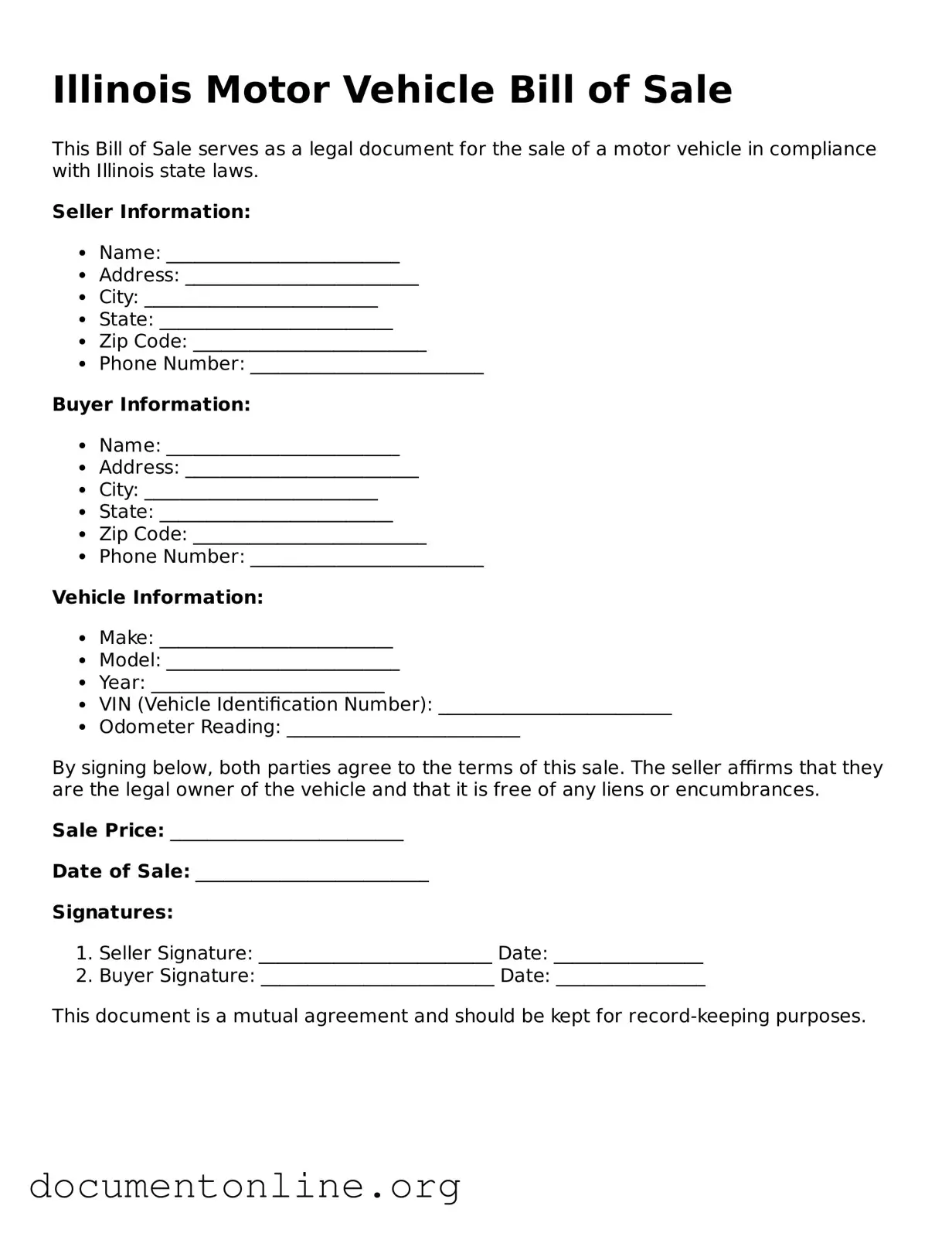 Free Motor Vehicle Bill of Sale Form for Illinois State