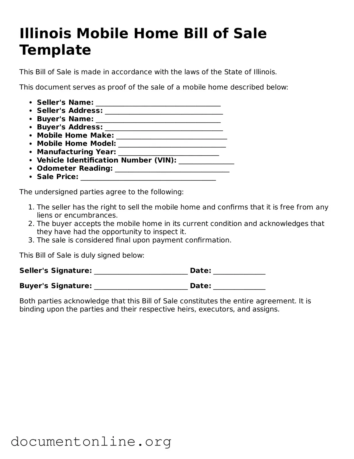 Free Mobile Home Bill of Sale Form for Illinois State