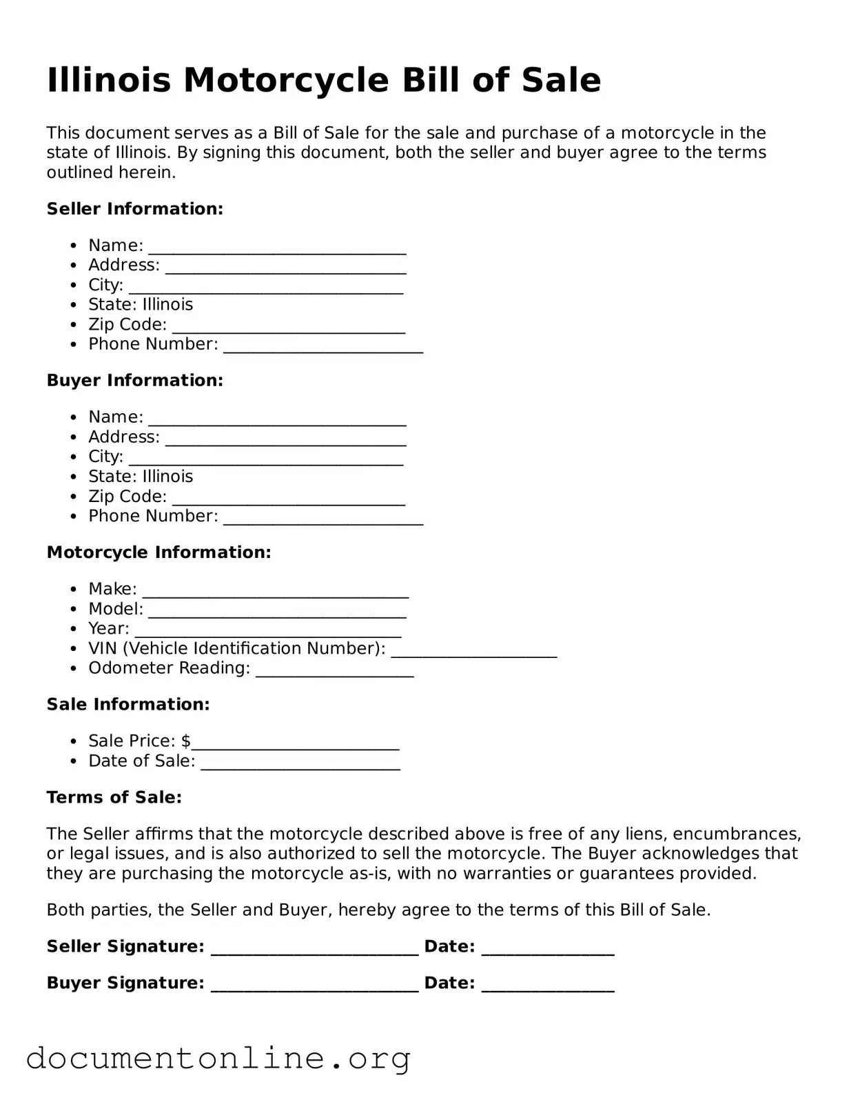 Free Motorcycle Bill of Sale Form for Illinois State