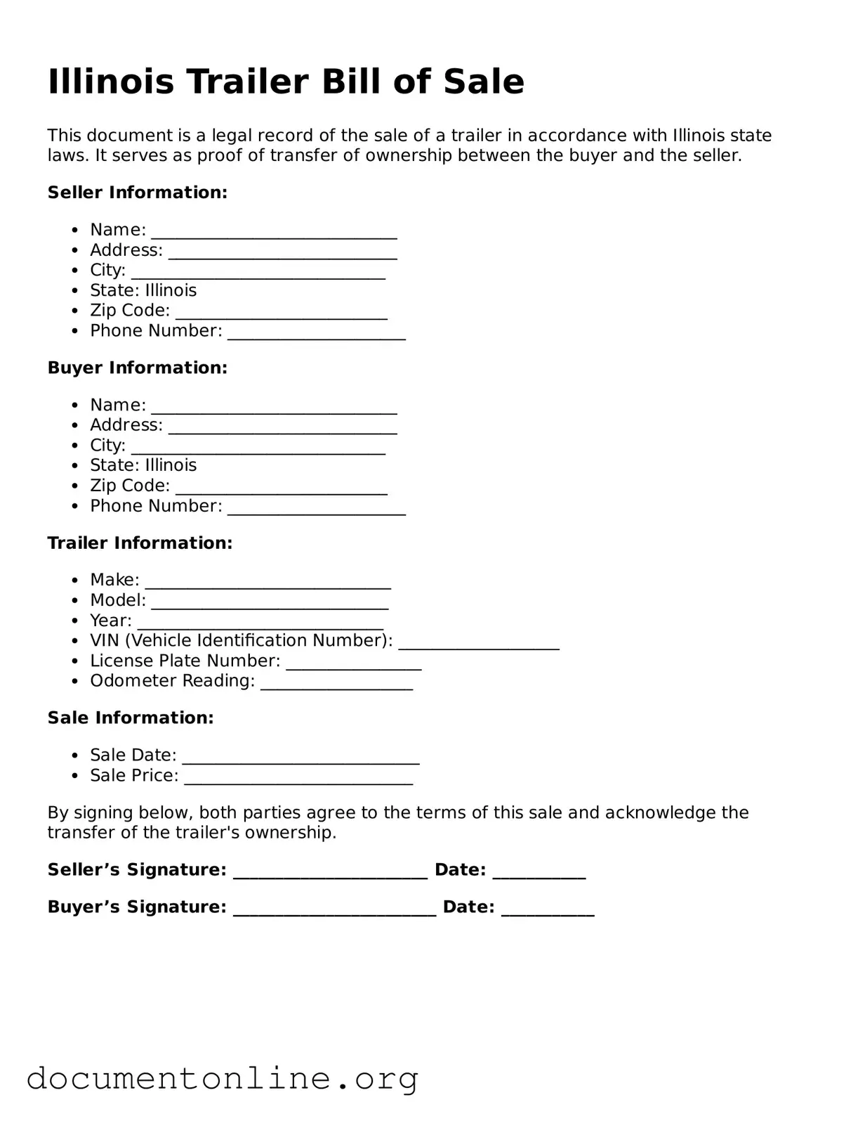 Free Trailer Bill of Sale Form for Illinois State