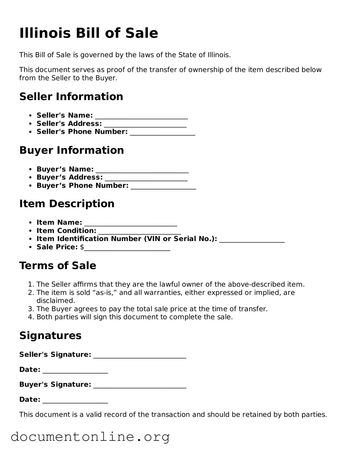 Free Bill of Sale Form for Illinois State