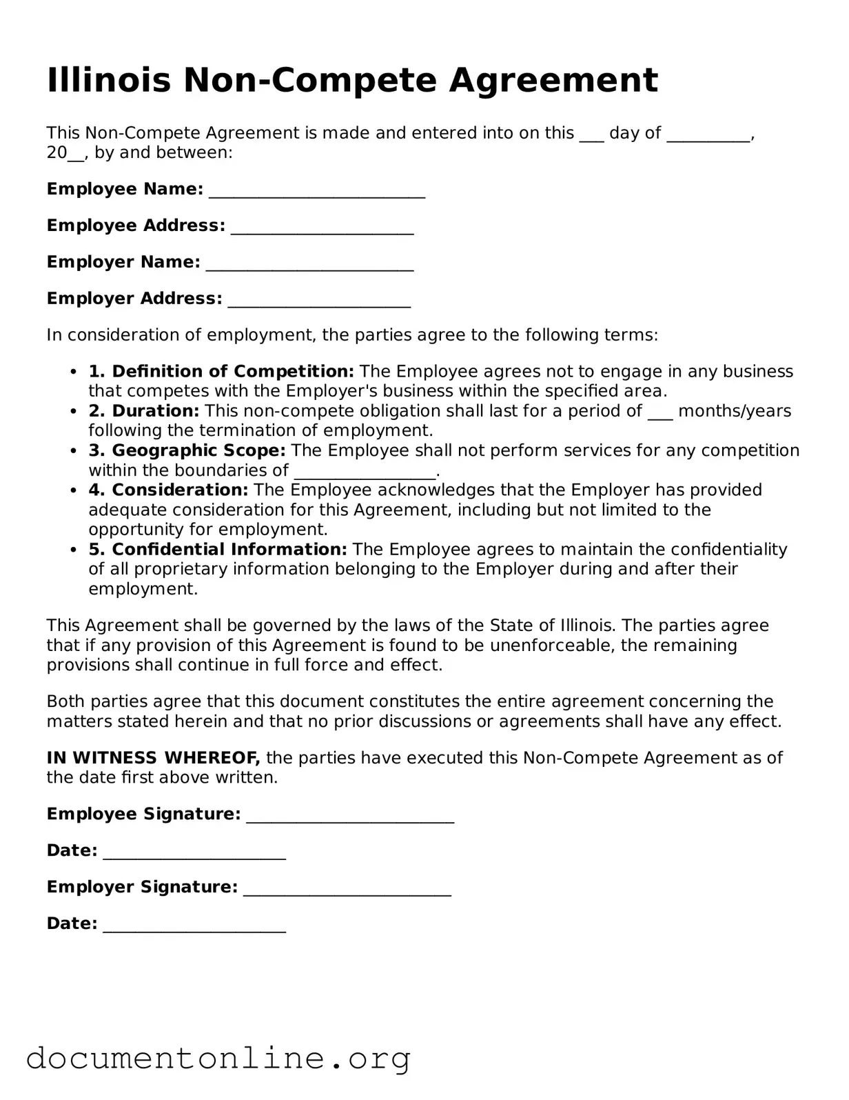 Free Non-compete Agreement Form for Illinois State