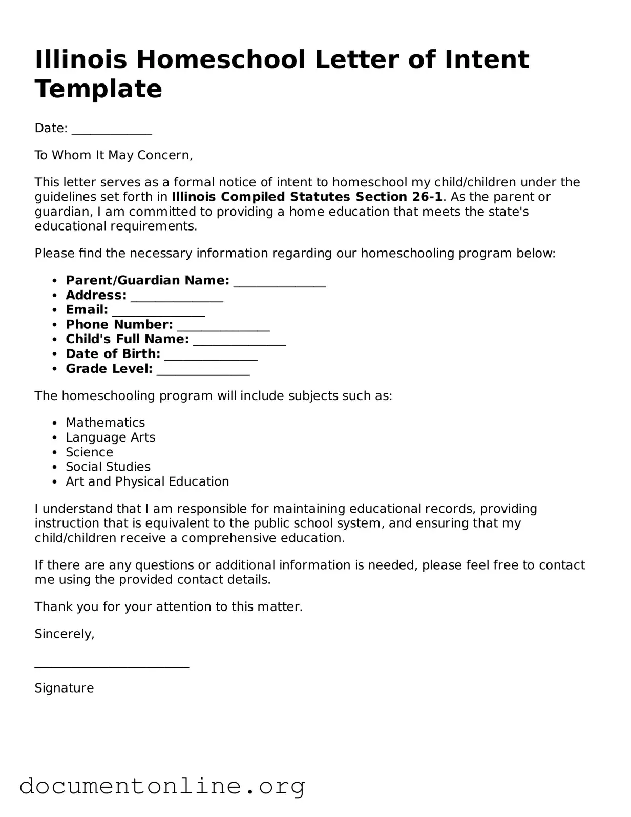 Free Homeschool Letter of Intent Form for Illinois State