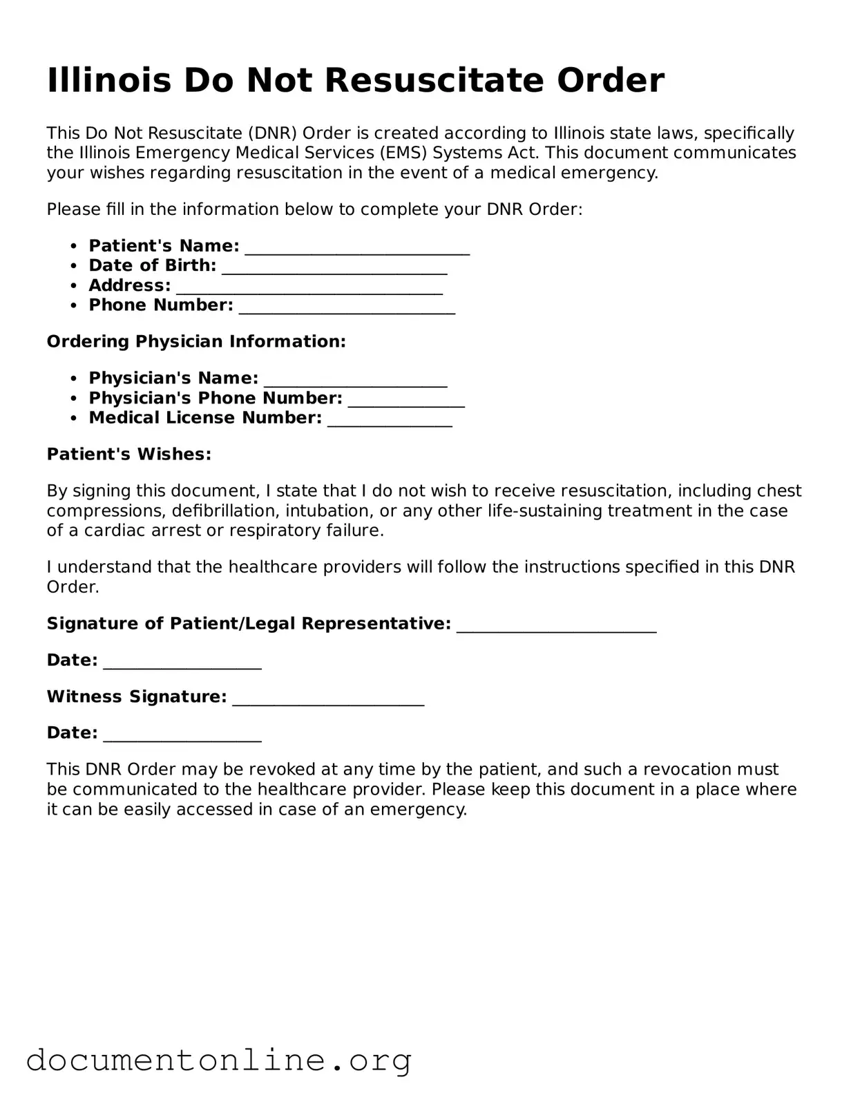 Free Do Not Resuscitate Order Form for Illinois State