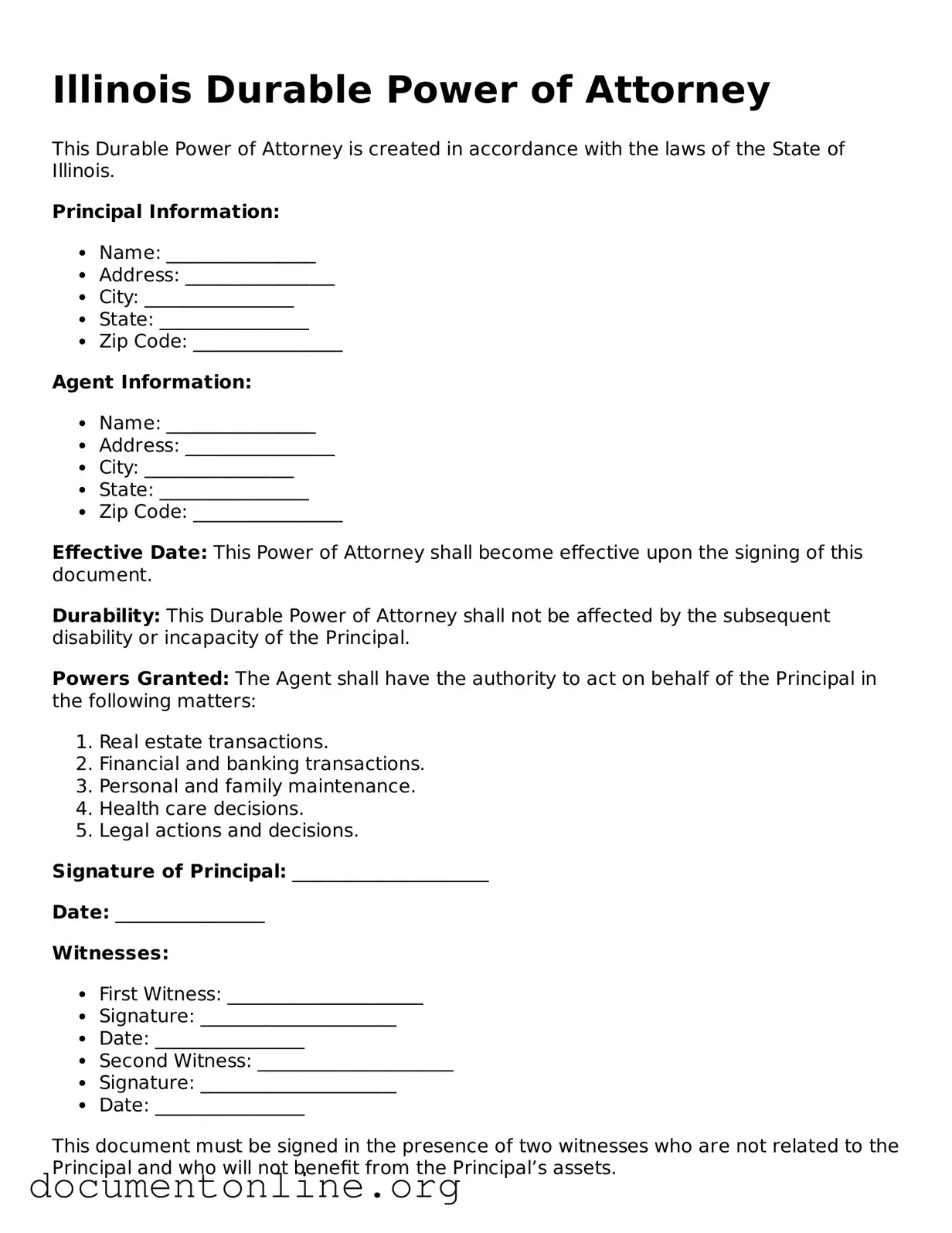 Free Durable Power of Attorney Form for Illinois State