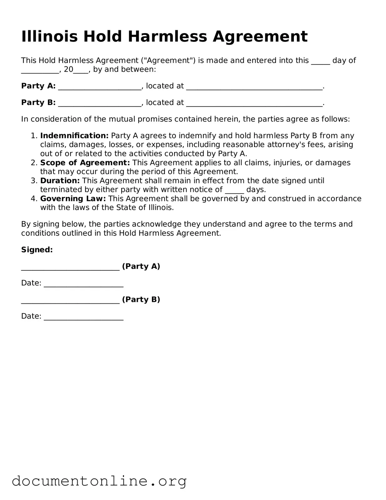Free Hold Harmless Agreement Form for Illinois State