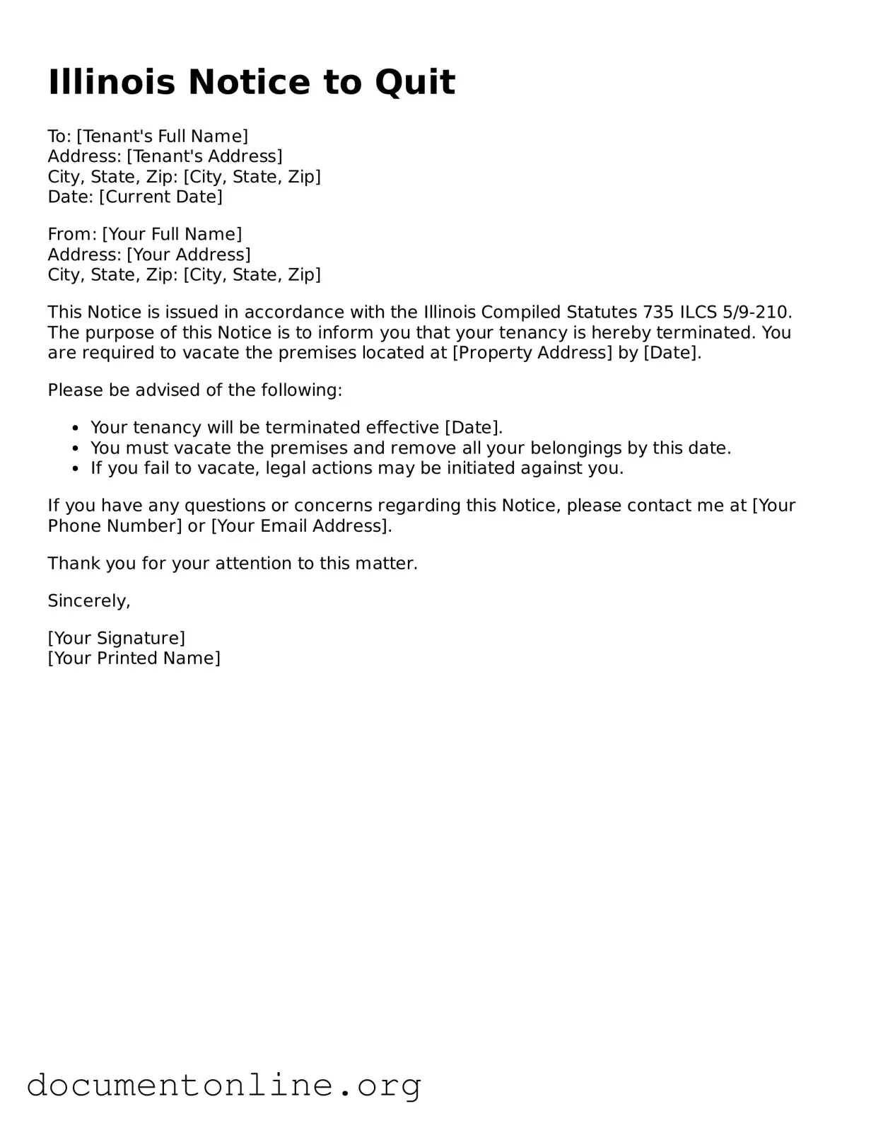 Free Notice to Quit Form for Illinois State