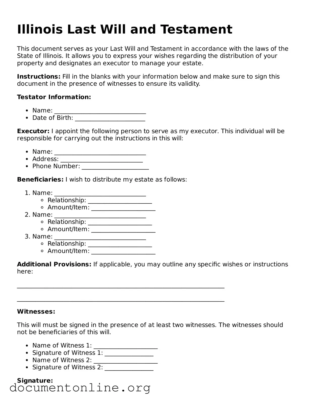 Free Last Will and Testament Form for Illinois State