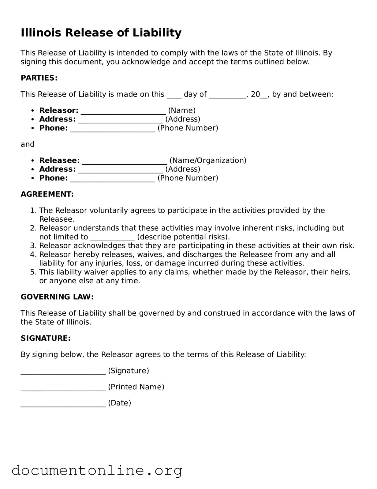 Free Release of Liability Form for Illinois State