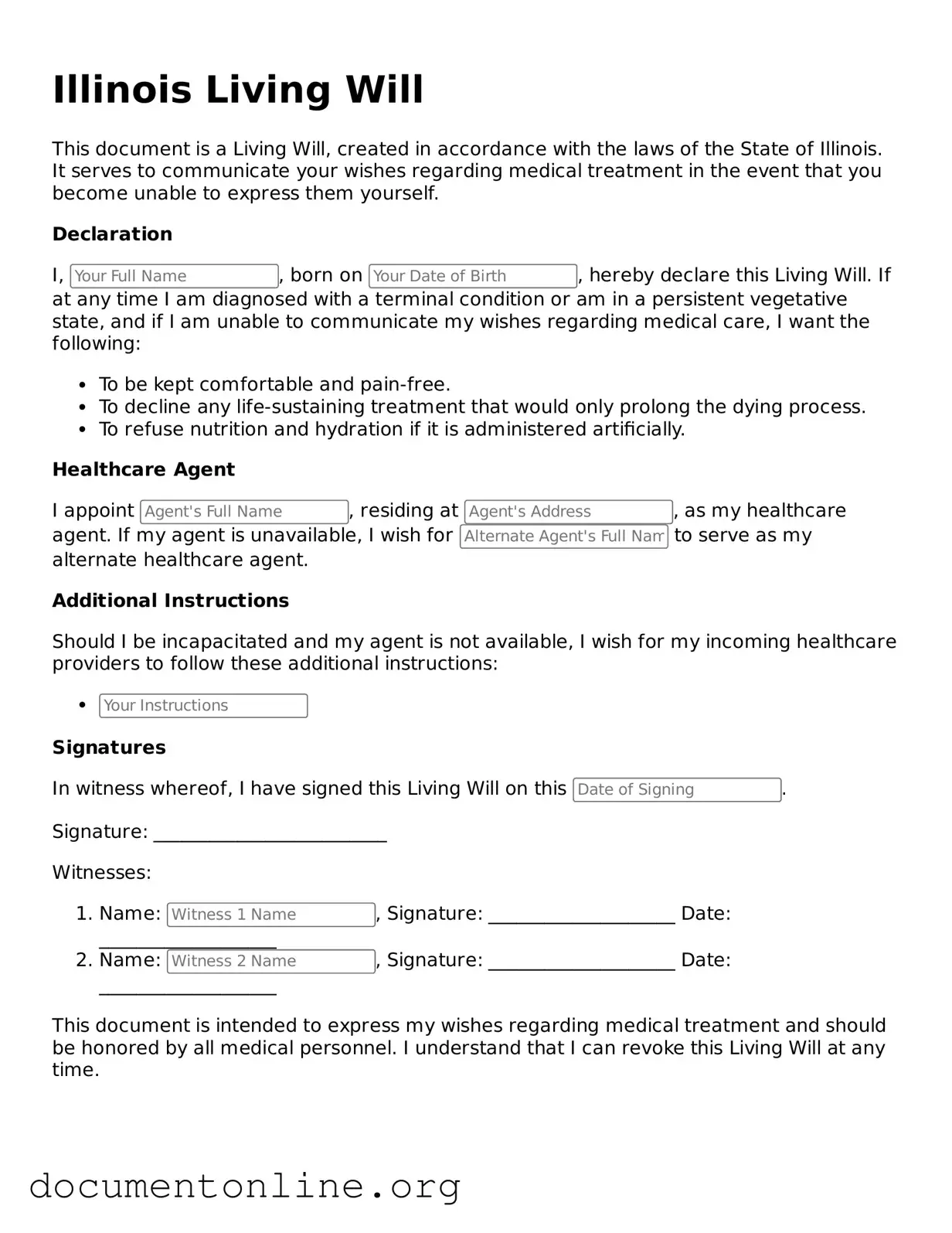 Free Living Will Form for Illinois State