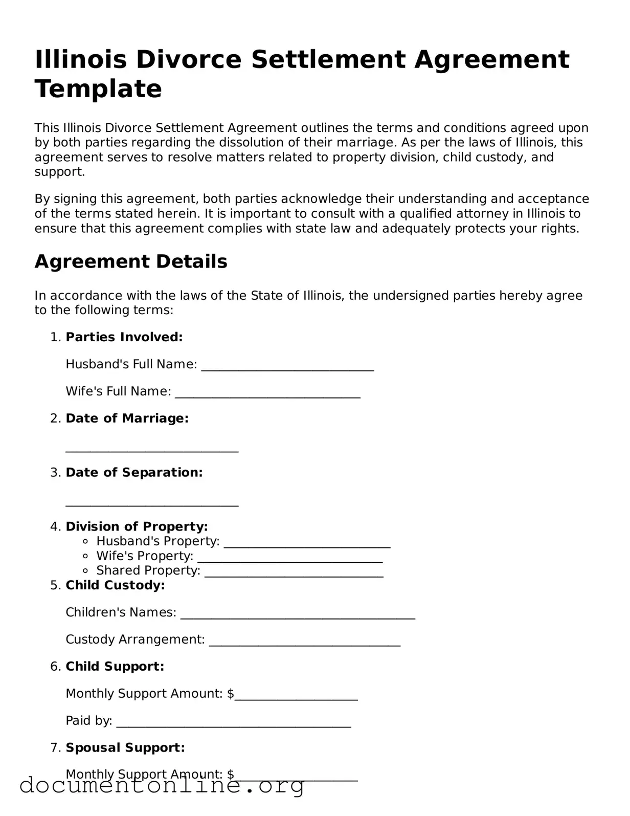 Free Divorce Settlement Agreement Form for Illinois State