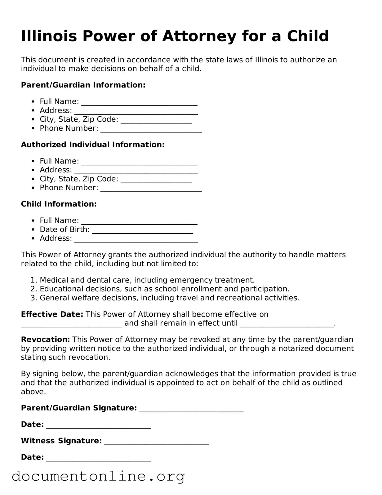 Free Power of Attorney for a Child Form for Illinois State