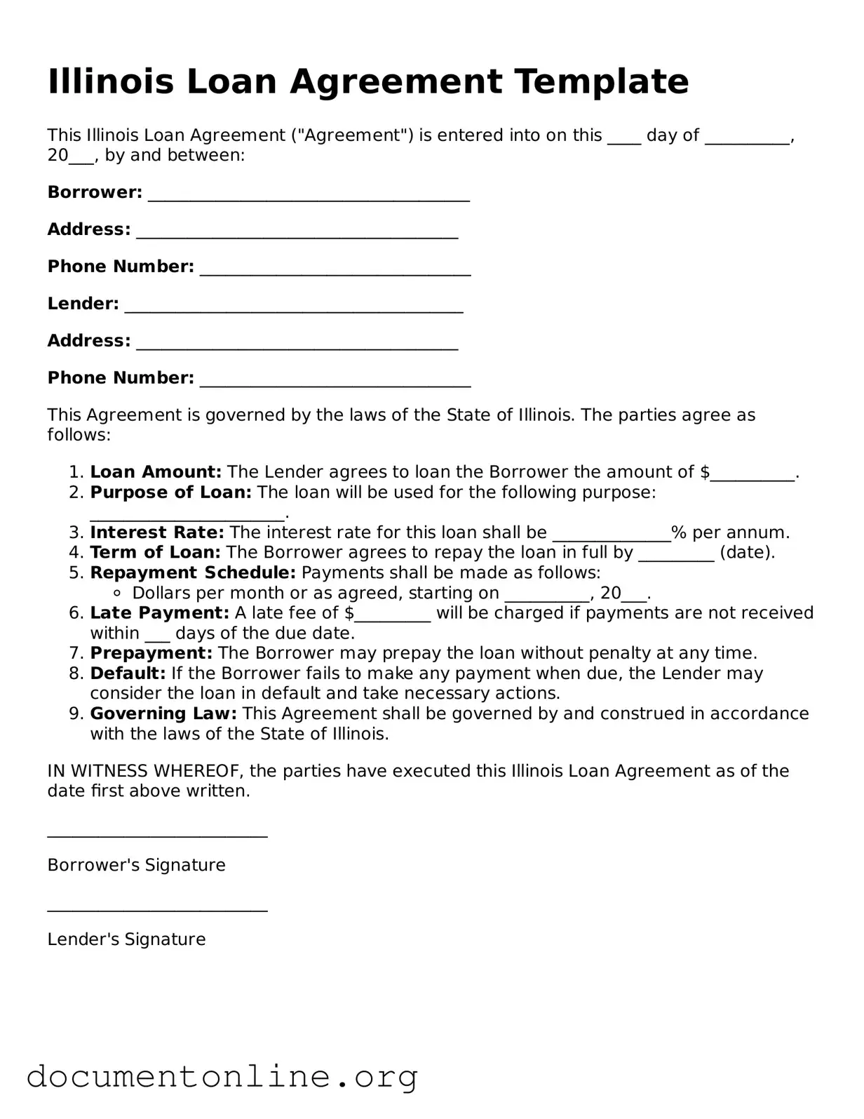 Free Loan Agreement Form for Illinois State
