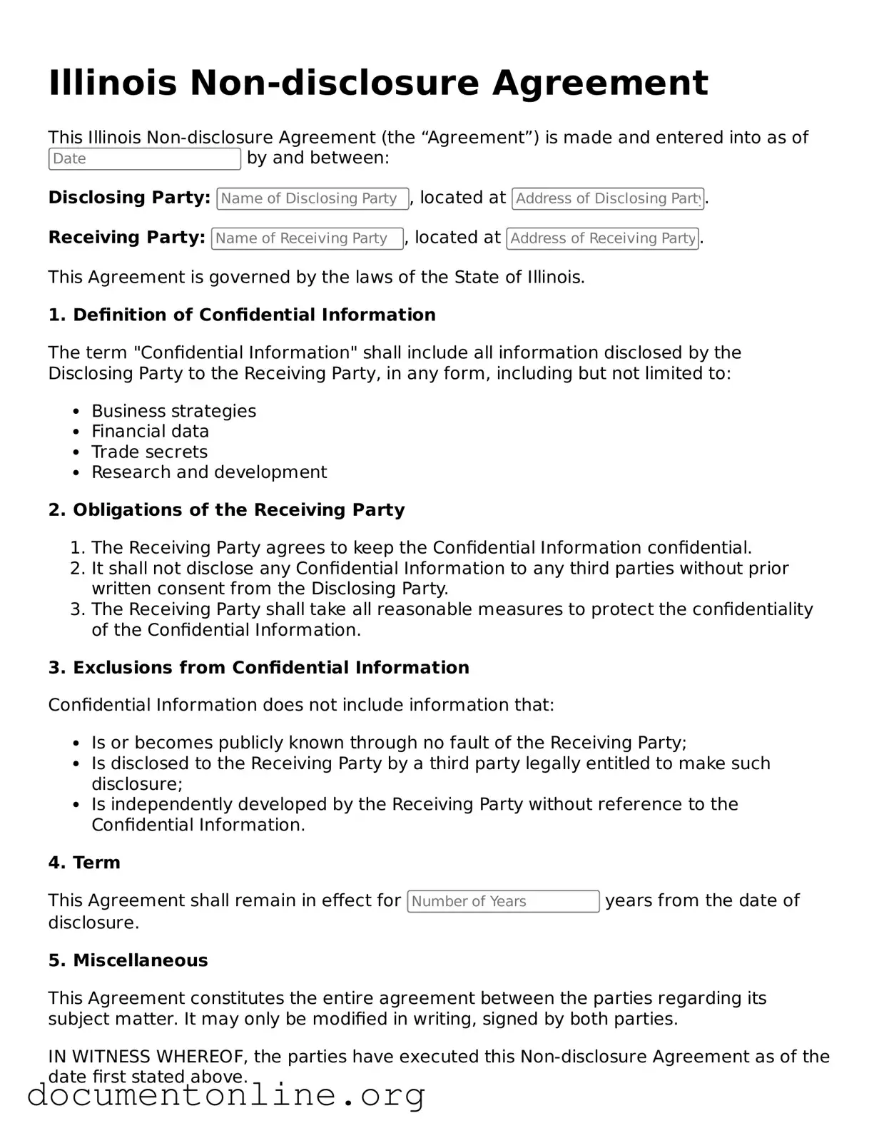 Free Non-disclosure Agreement Form for Illinois State