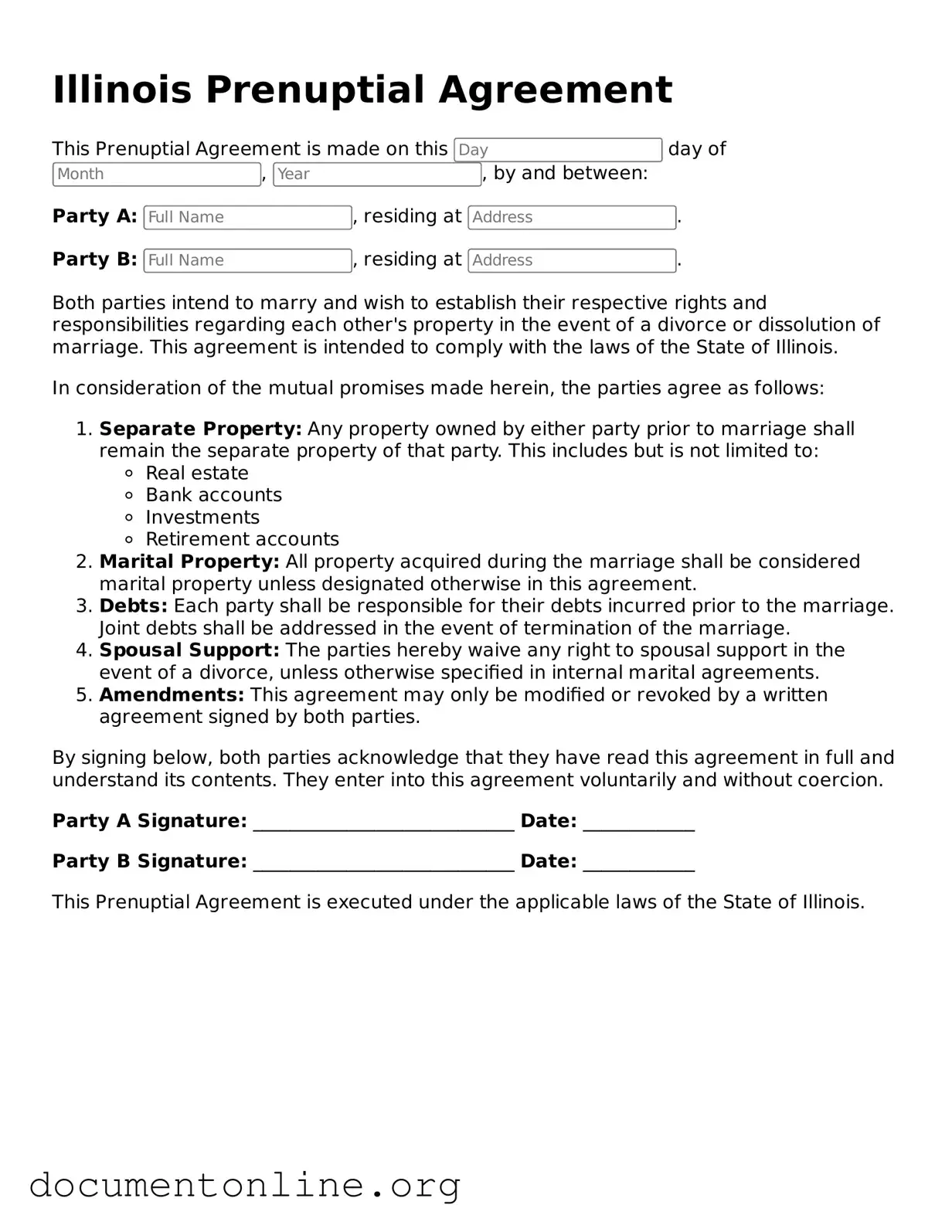 Free Prenuptial Agreement Form for Illinois State