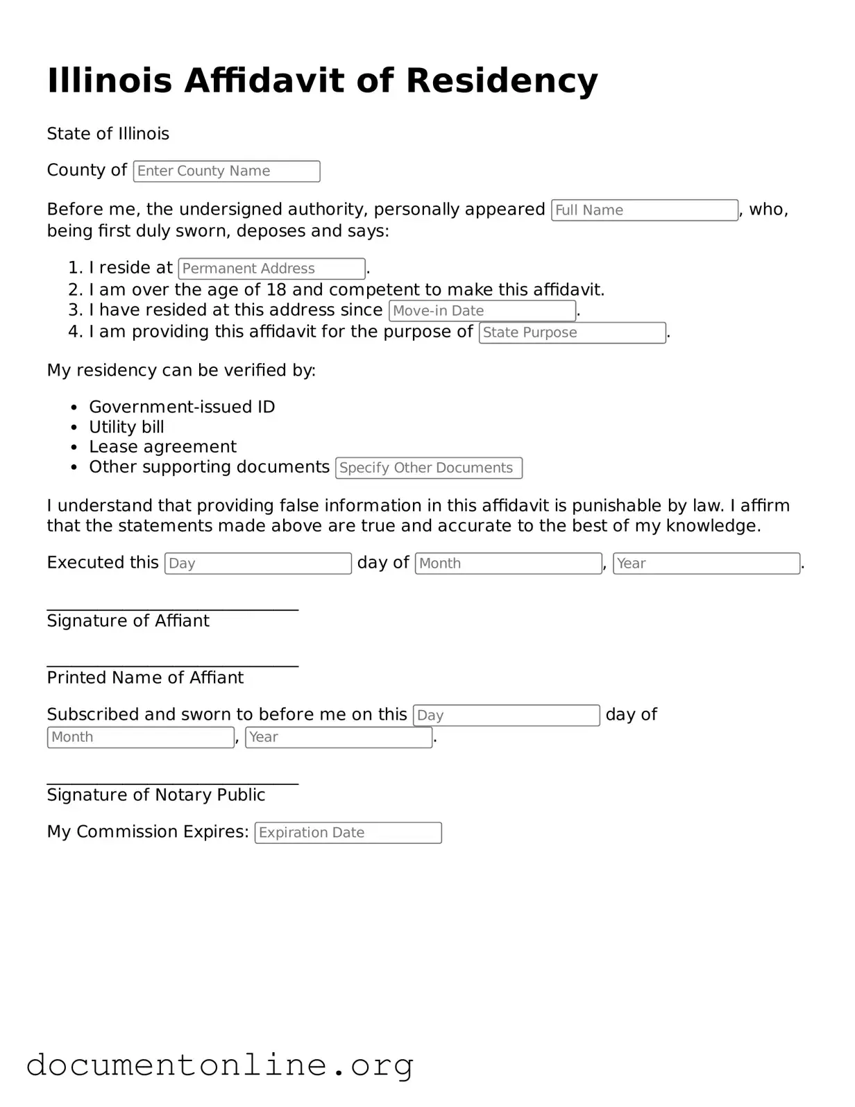 Free Affidavit of Residency Form for Illinois State