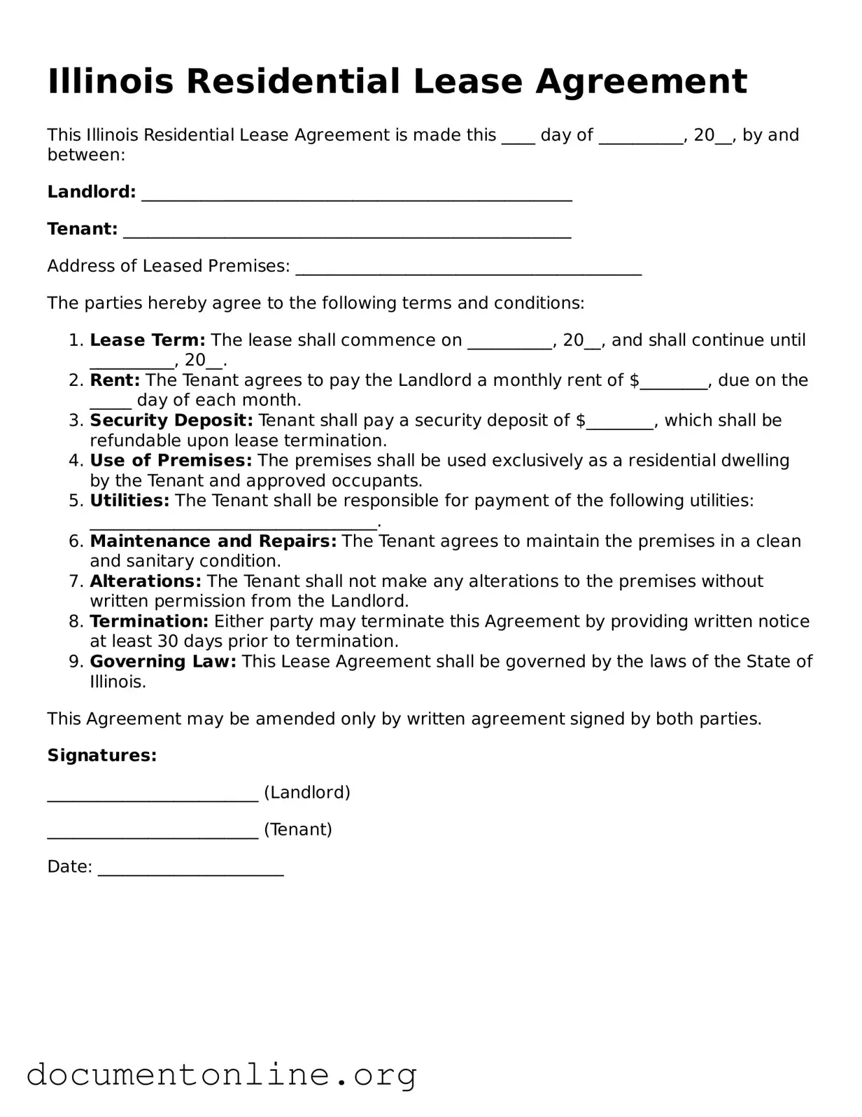 Free Lease Agreement Form for Illinois State