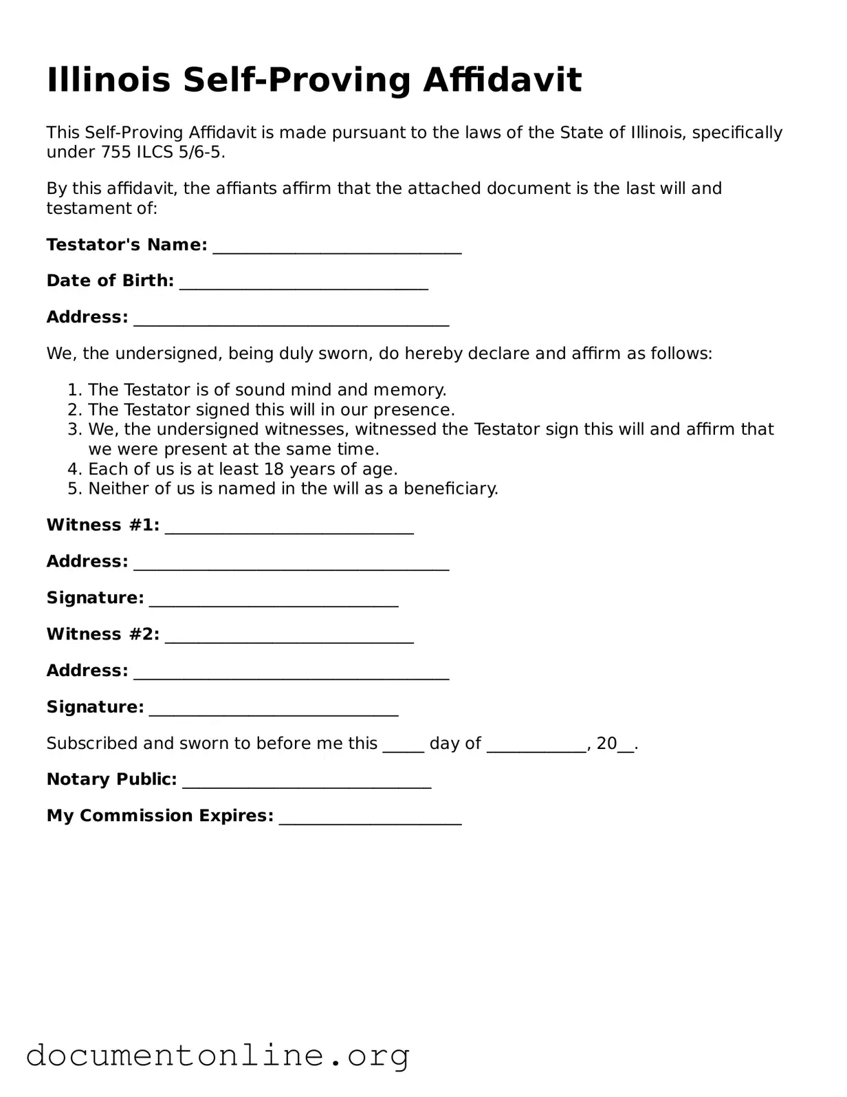 Free Self-Proving Affidavit Form for Illinois State