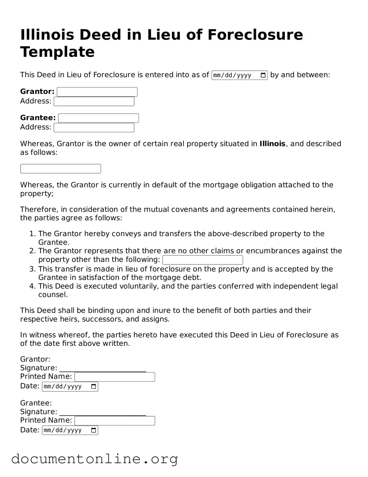 Free Deed in Lieu of Foreclosure Form for Illinois State