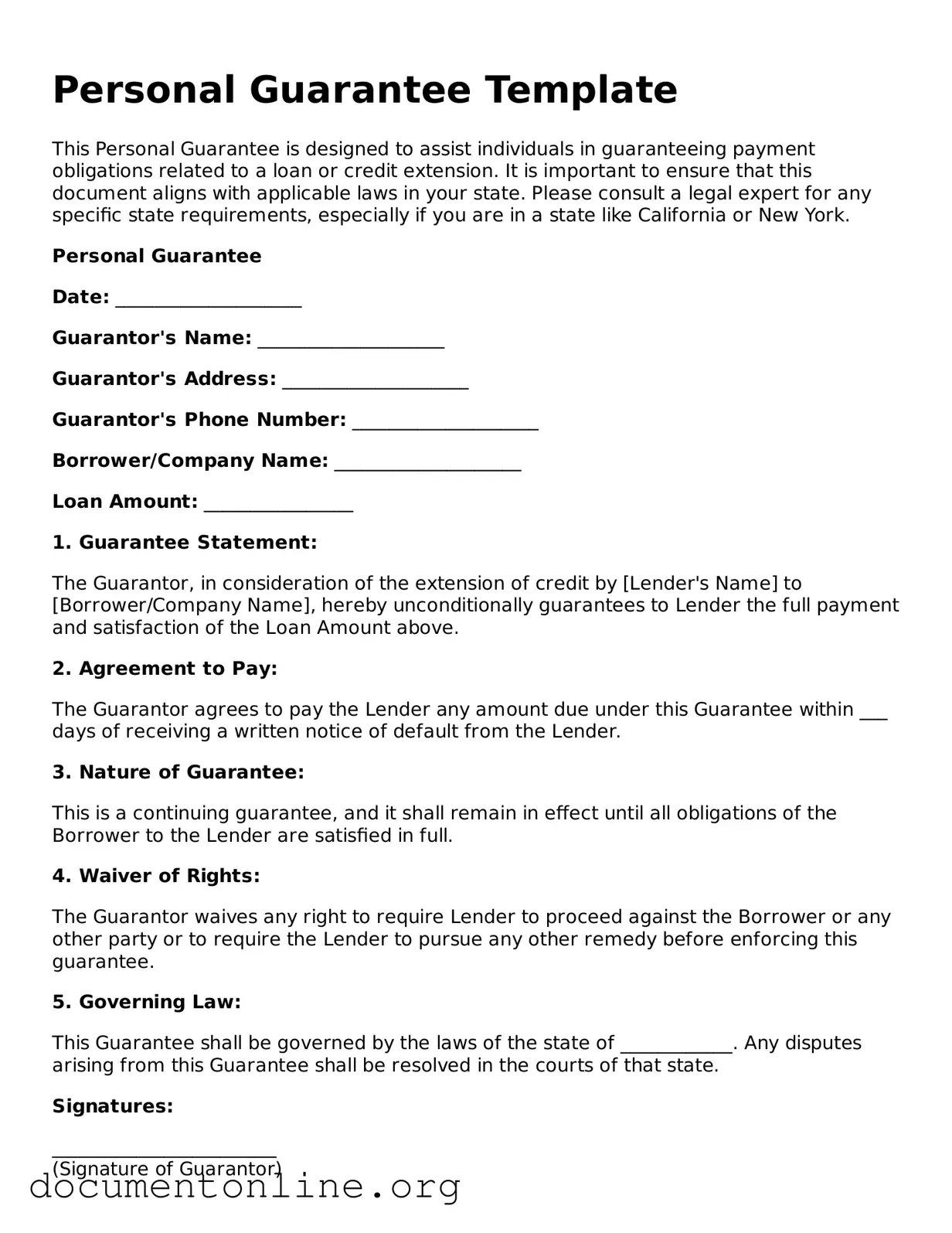 Free Personal Guarantee Form
