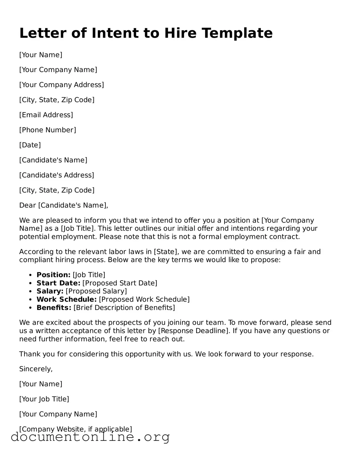 Free Letter of Intent to Hire Form