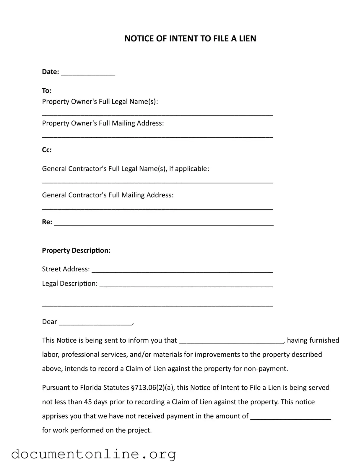 Free Intent To Lien Florida Template