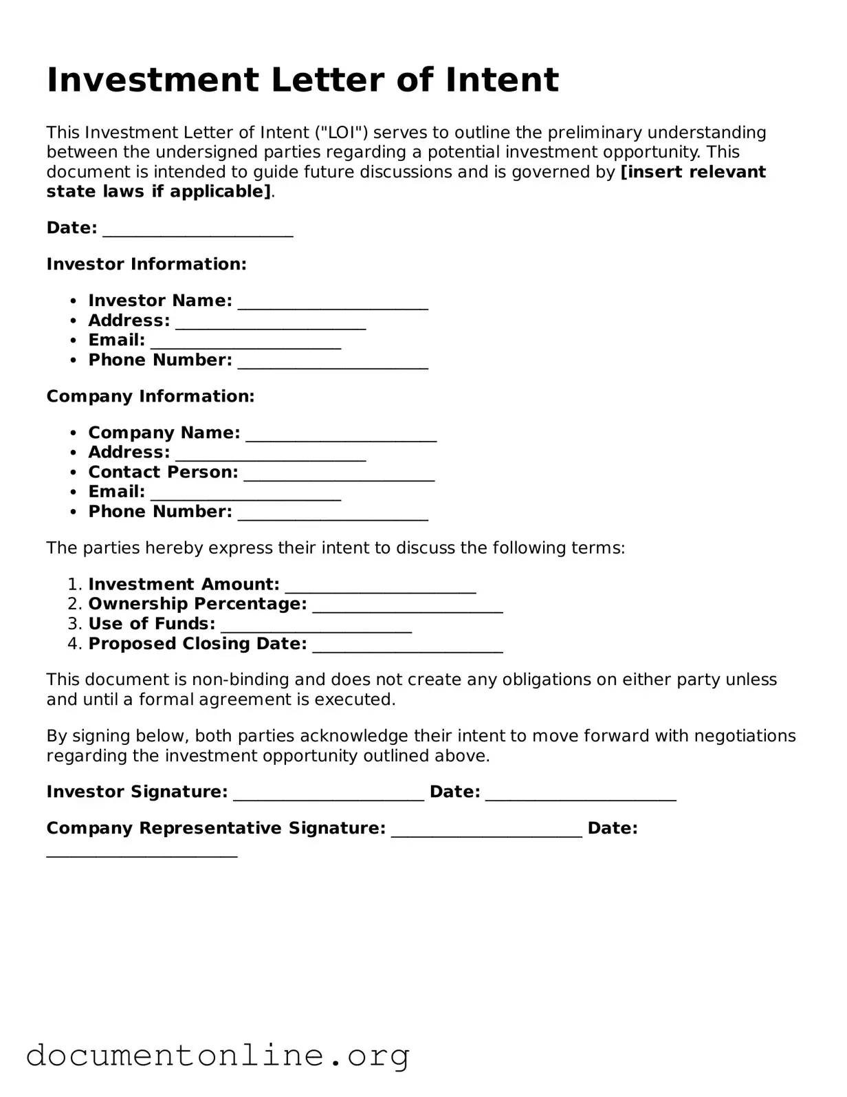 Free Investment Letter of Intent Form