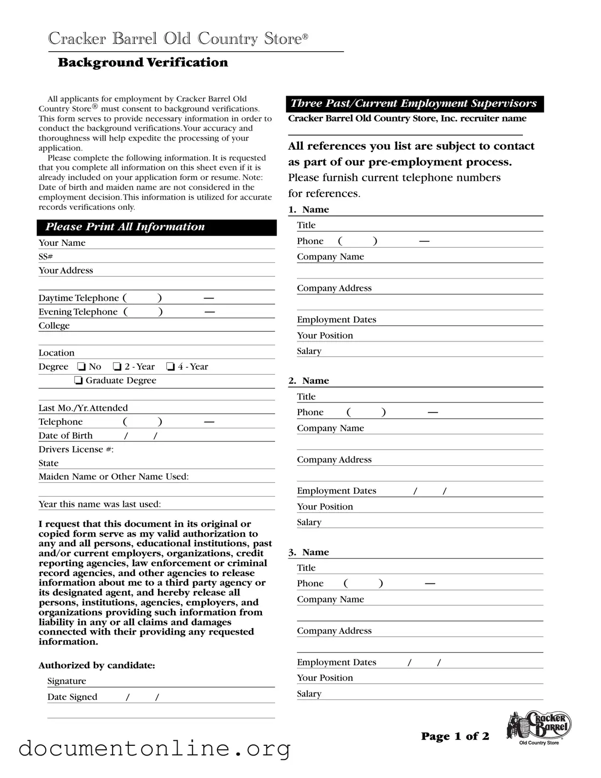 Free Cracker Barrel Background Check Template
