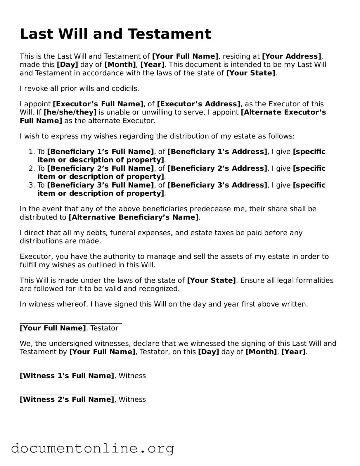 Free Last Will and Testament Form