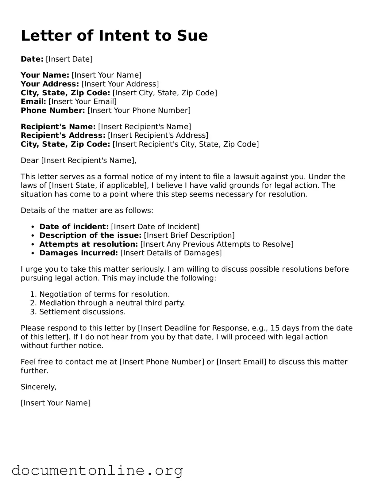 Free Letter of Intent to Sue Form