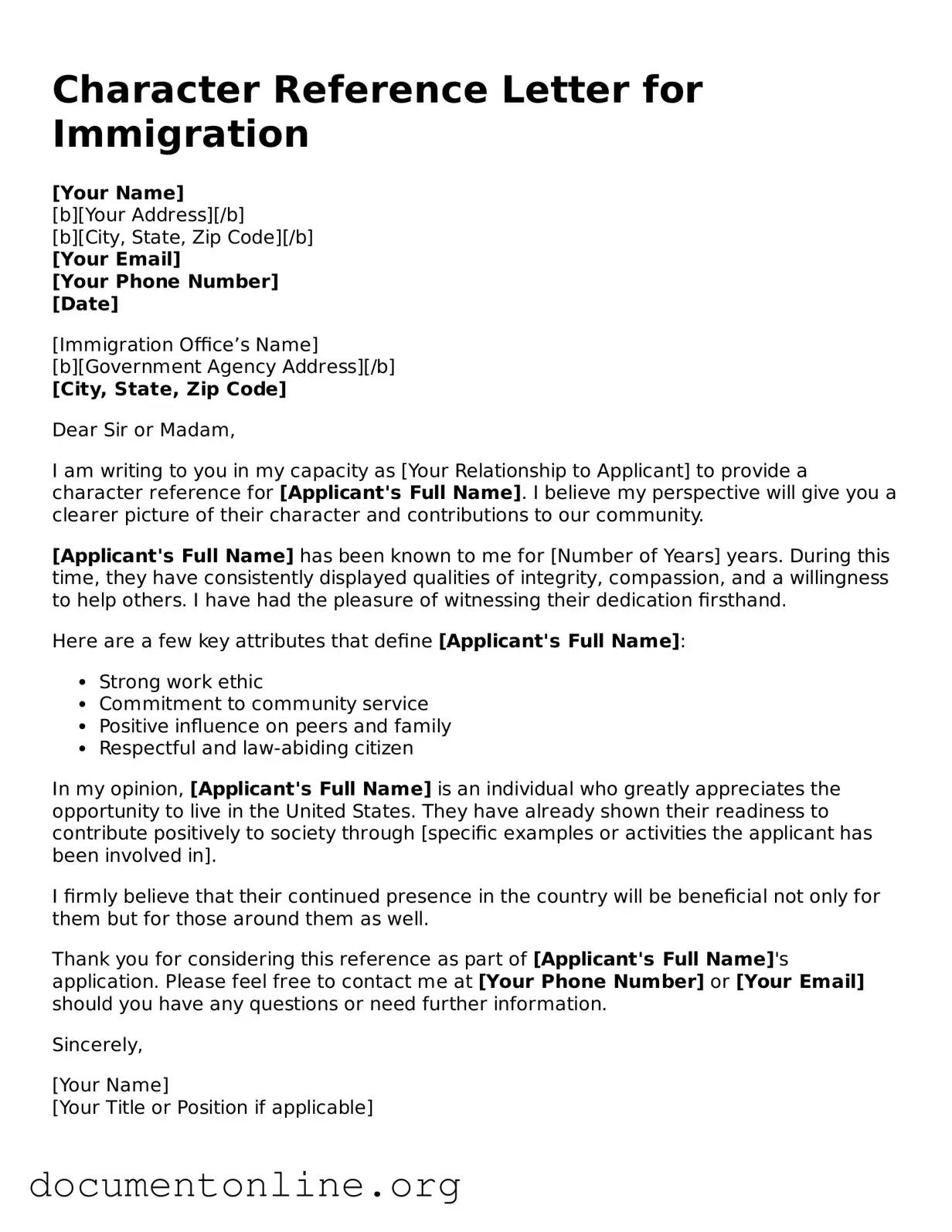 Free Character Reference Letter for Immigration Form