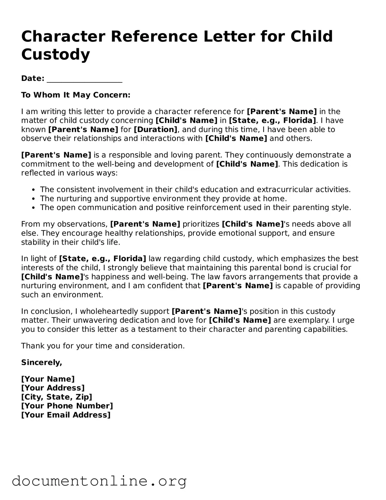 Free Character Reference Letter for Child Custody Form