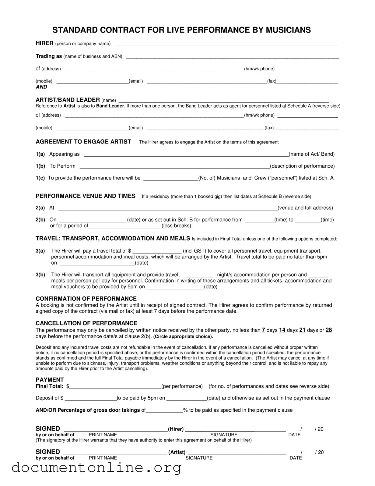 Free Live Performance Contract Template