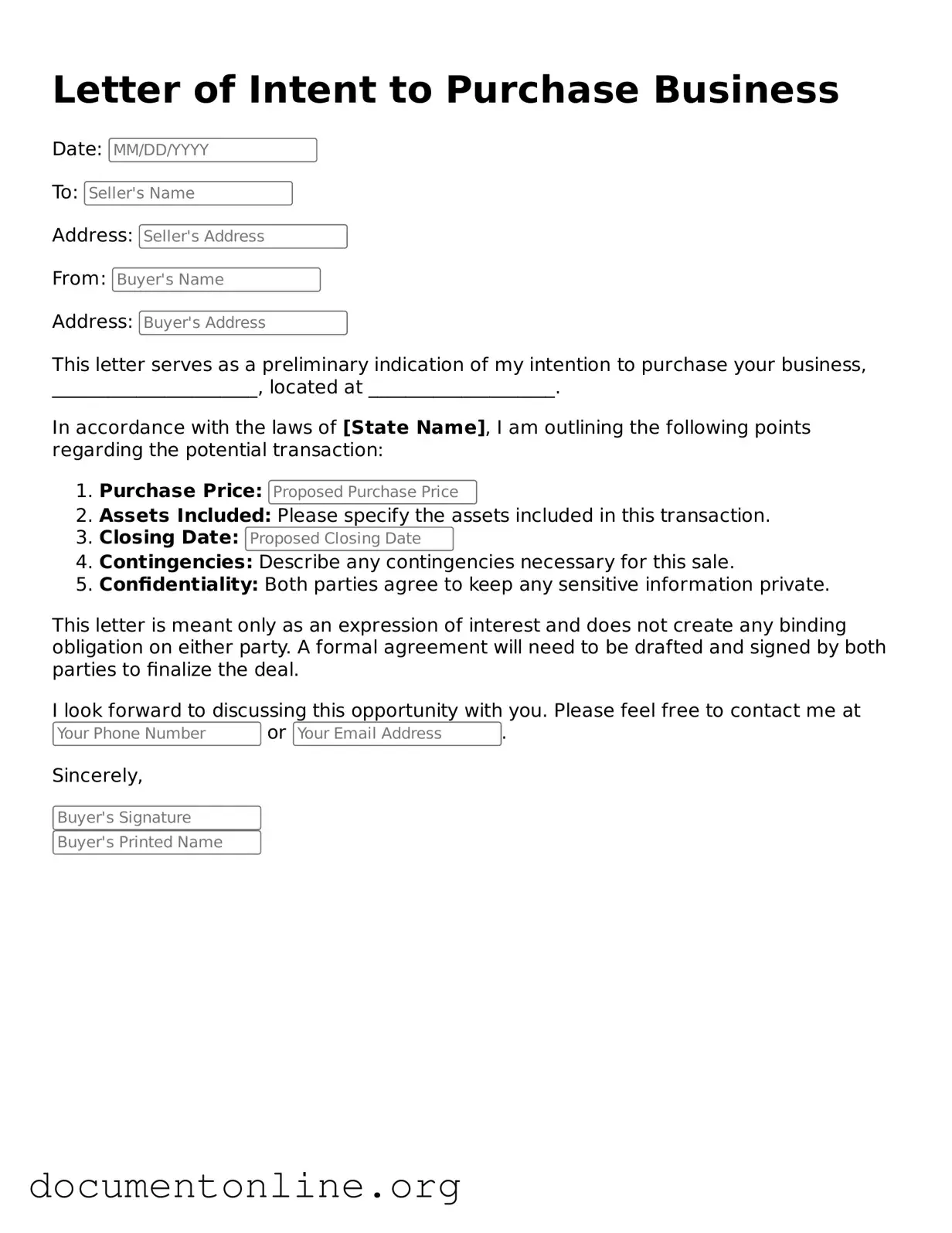 Free Letter of Intent to Purchase Business Form