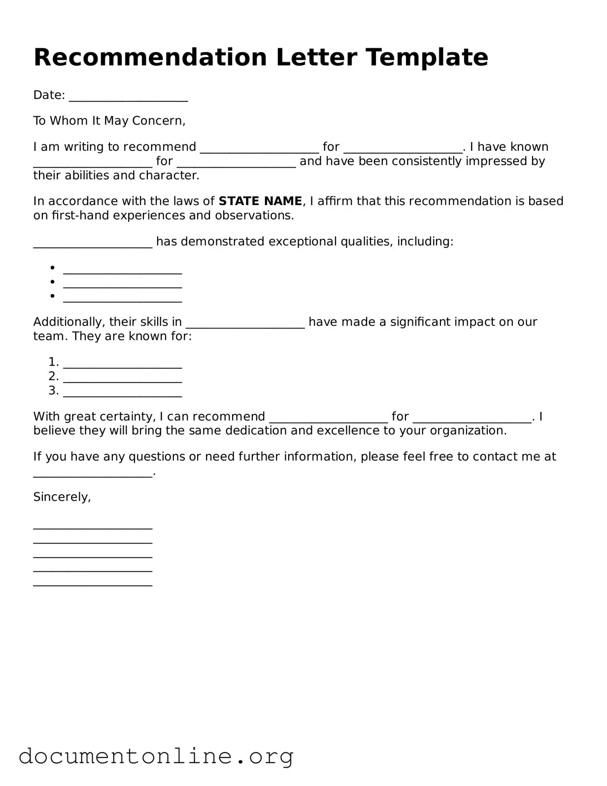 Free Recommendation Letter Form