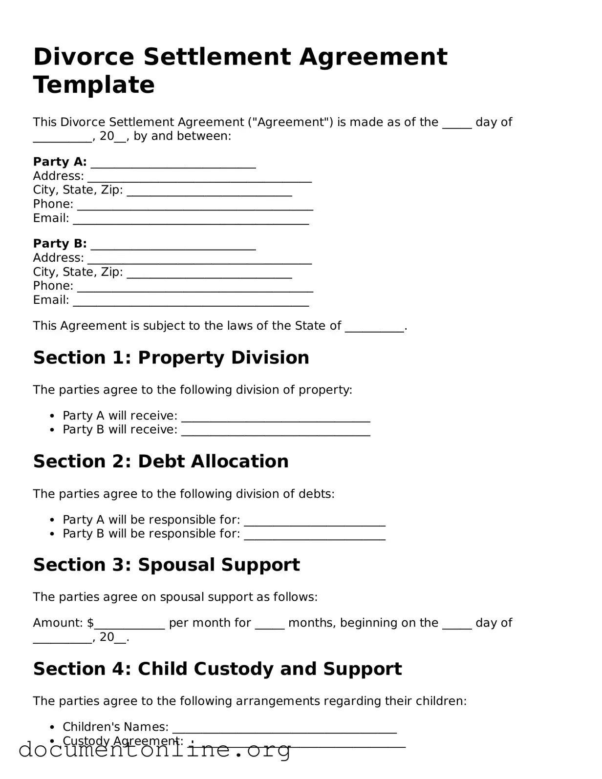 Free Divorce Settlement Agreement Form