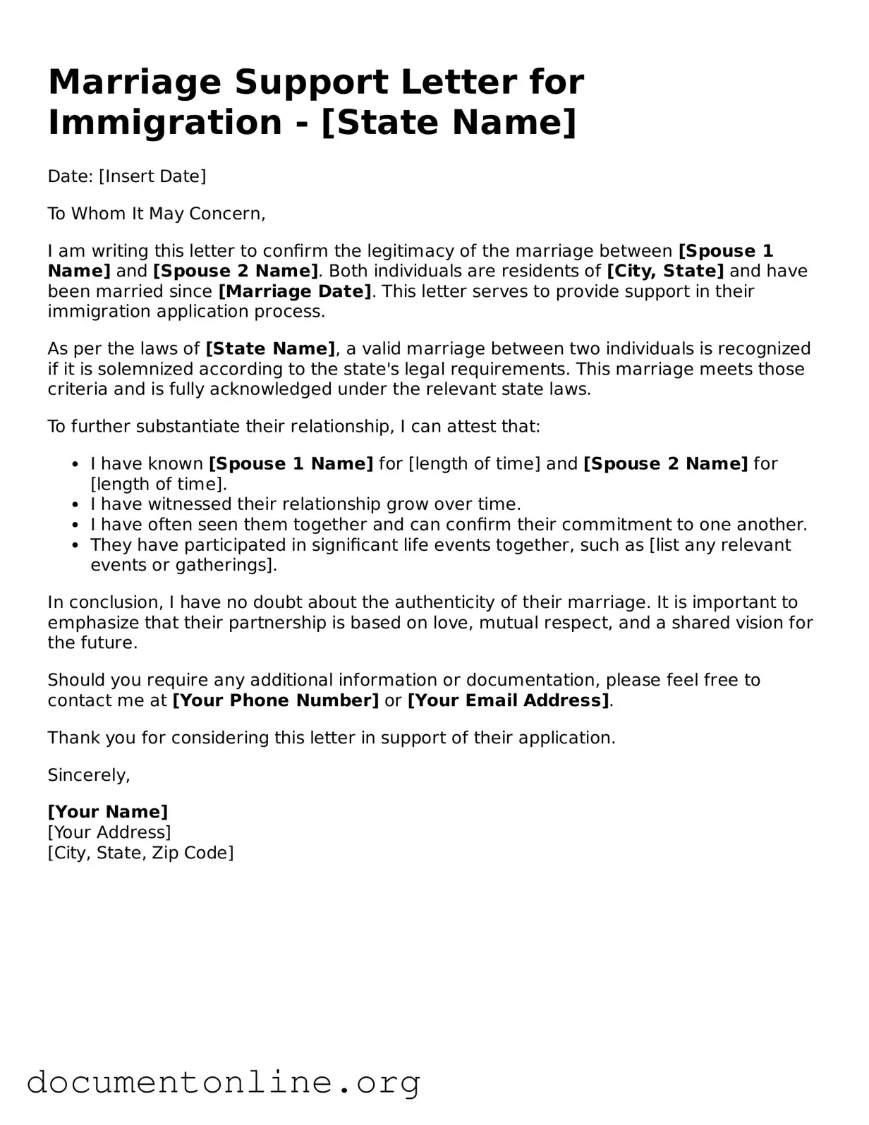 Free Marriage Support Letter for Immigration Form