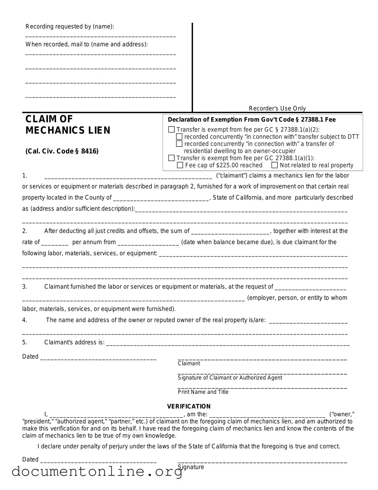 Free Mechanics Lien California Template