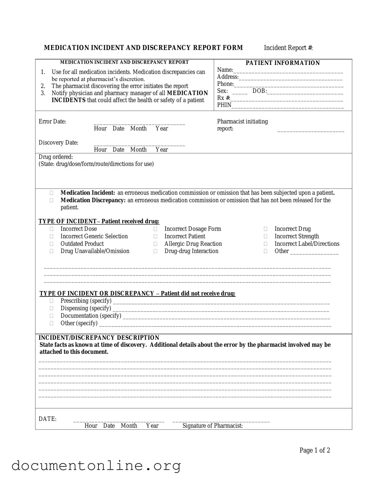 Free Medication Error Template
