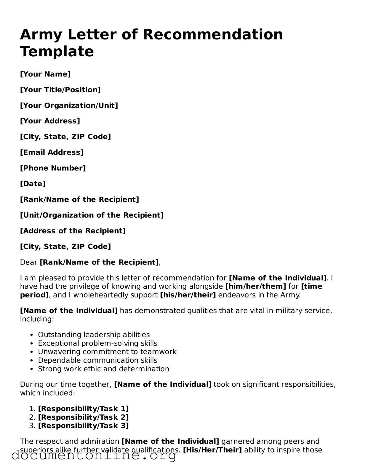 Free Army Letter of Recommendation Form
