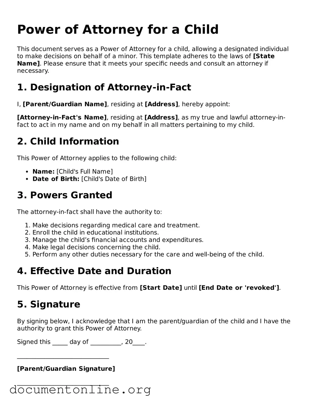 Free Power of Attorney for a Child Form